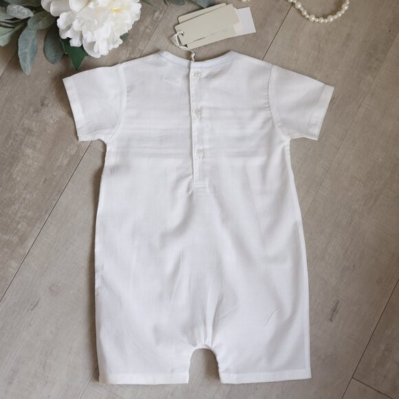 Baby Boy's White 100% Cotton Romper Blue Embroidery Heirloom Boutique NWT - Picture 2 of 4
